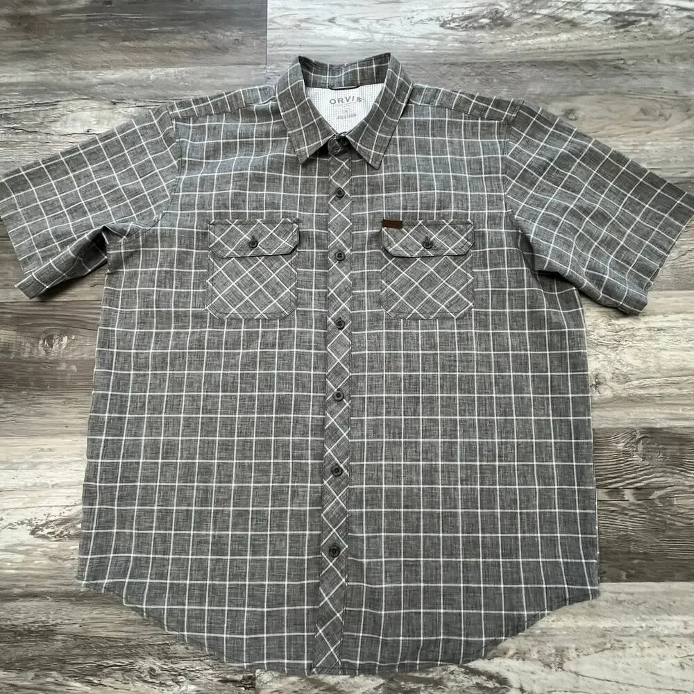Orvis Shirt Print Tech Gray White Windowpane Mens XL Button Up Fishing Hiking - Picture 2 of 11